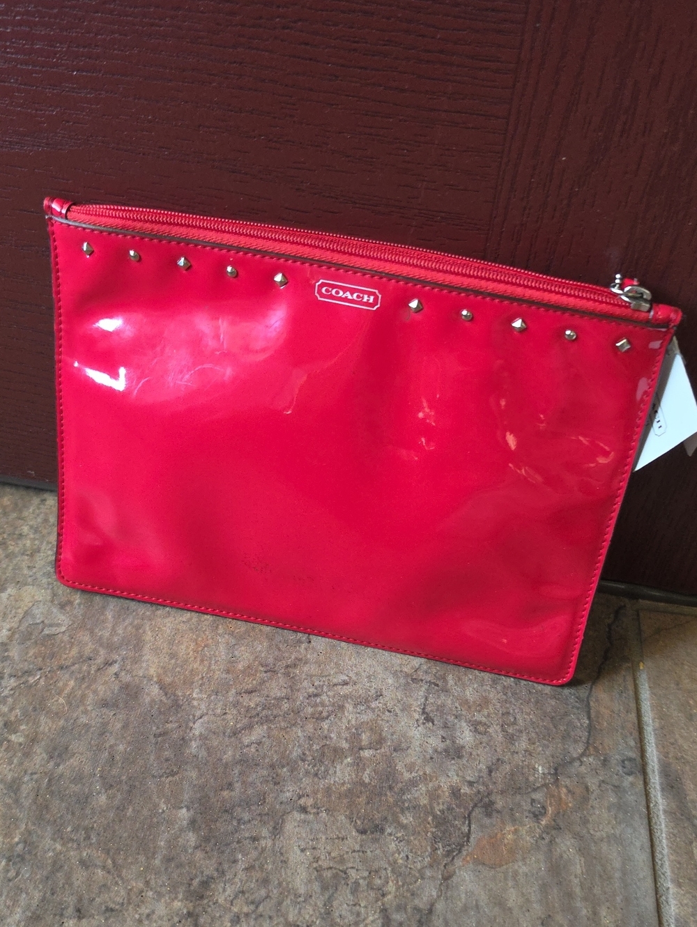Coach Red Patent Leather Studded Wristlet Pouch